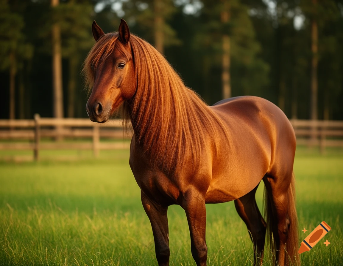 A photorealistic brown horse stands in a green grassy field with a fence and trees in the background.