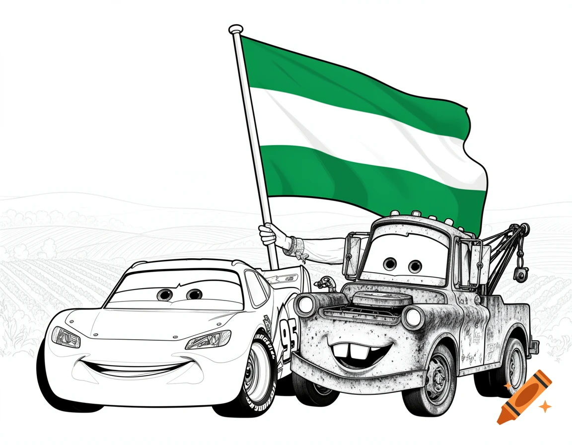 Outline drawing for coloring of Lightning McQueen and Mater from Cars, with Mater holding a waving Andalusian flag against a simple landscape.