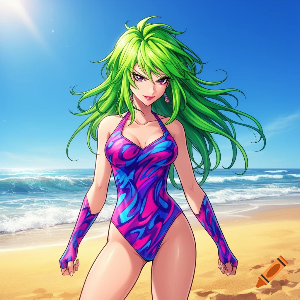 An anime woman with long green hair in a vibrant pink and blue swimsuit stands on a sunny beach by the ocean.