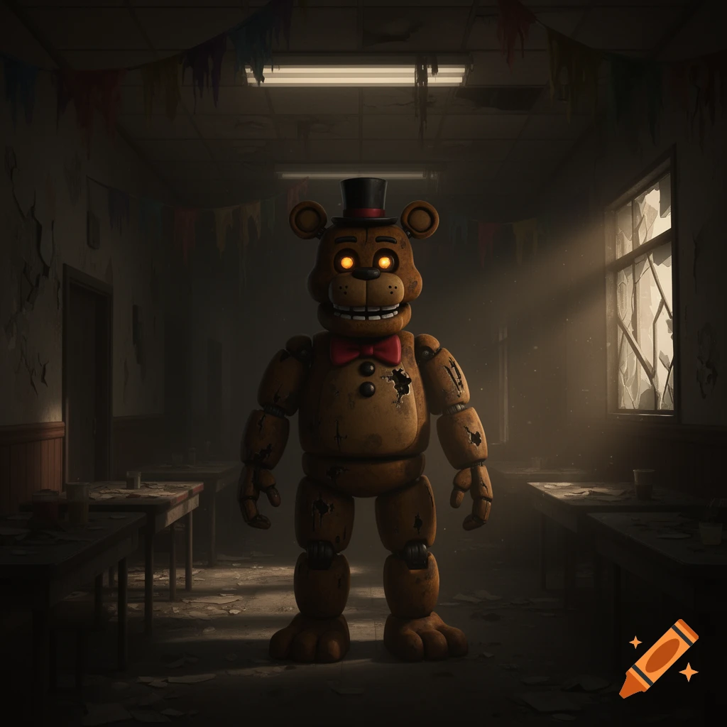 A creepy, worn-out Freddy Fazbear animatronic with glowing orange eyes stands in a dark, decaying room with broken windows and tattered banners.