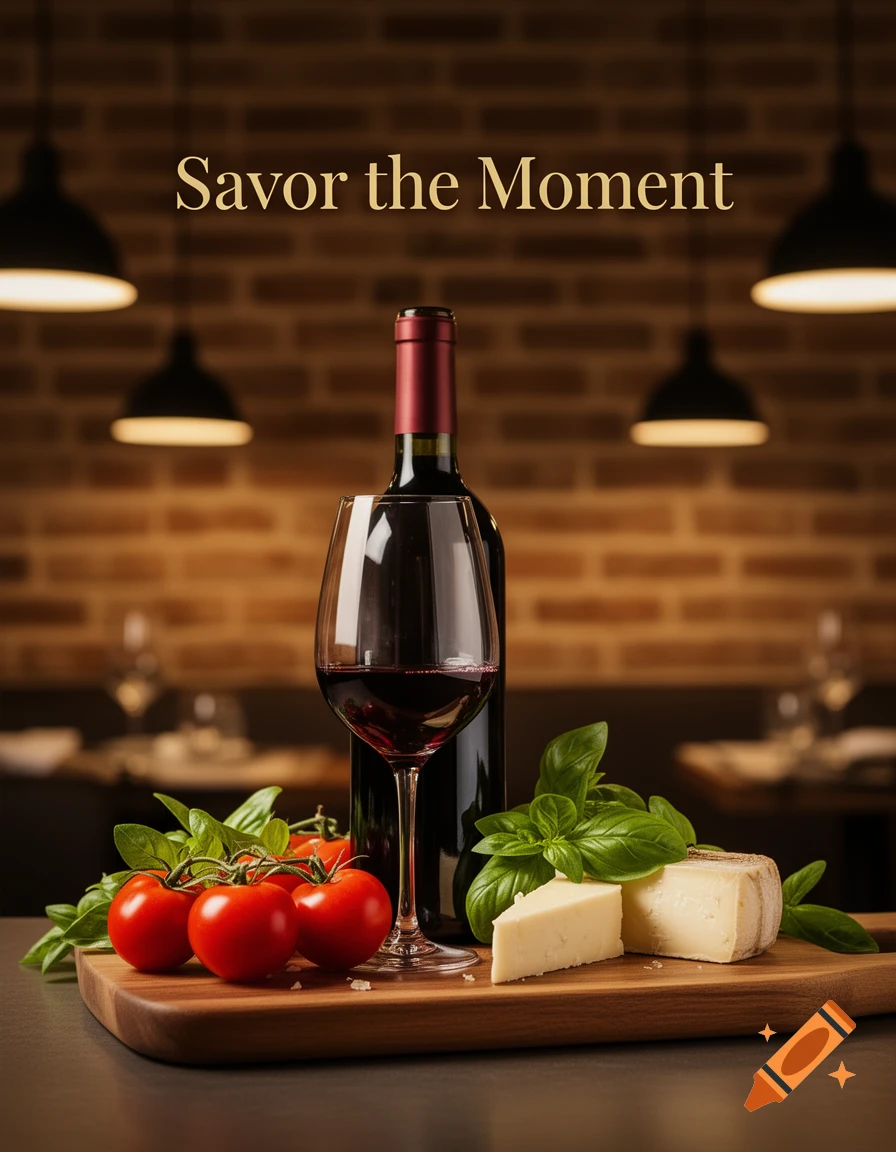 Photorealistic image of red wine, tomatoes, basil, and cheese on a cutting board in a restaurant, with 'Savor the Moment' text.