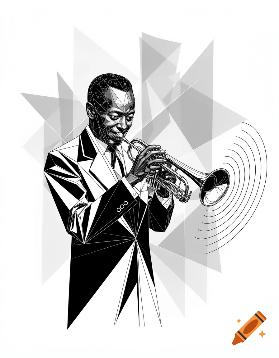 Black and white geometric line art illustration of a man resembling Miles Davis playing a trumpet.