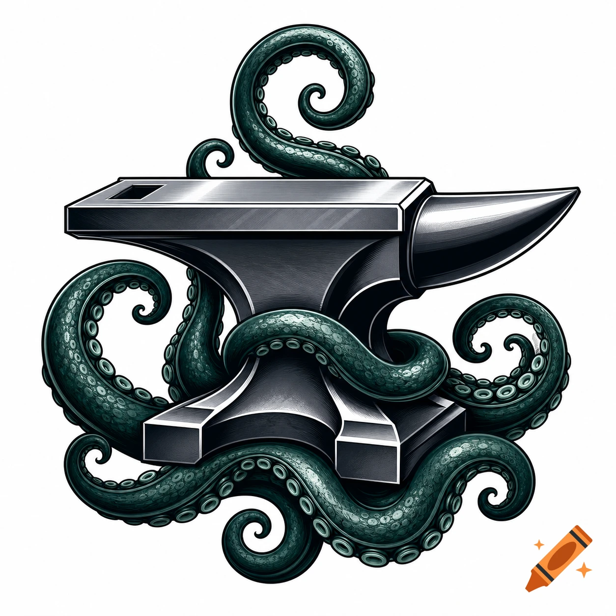 A stylized logo featuring a dark grey anvil tightly embraced by swirling teal octopus tentacles.