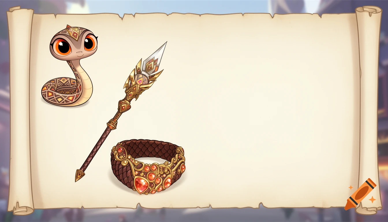 A cartoon concept art of a cute snake character with large orange eyes, a magical staff, and a jeweled bracelet on an old scroll.