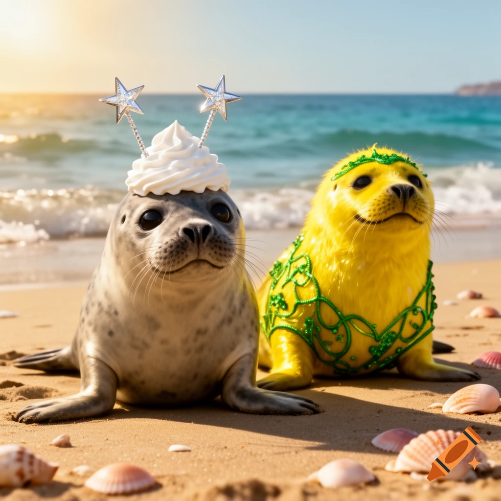 A grey seal wearing whipped cream and star antennas next to a yellow seal with green decorations on a sunny beach.