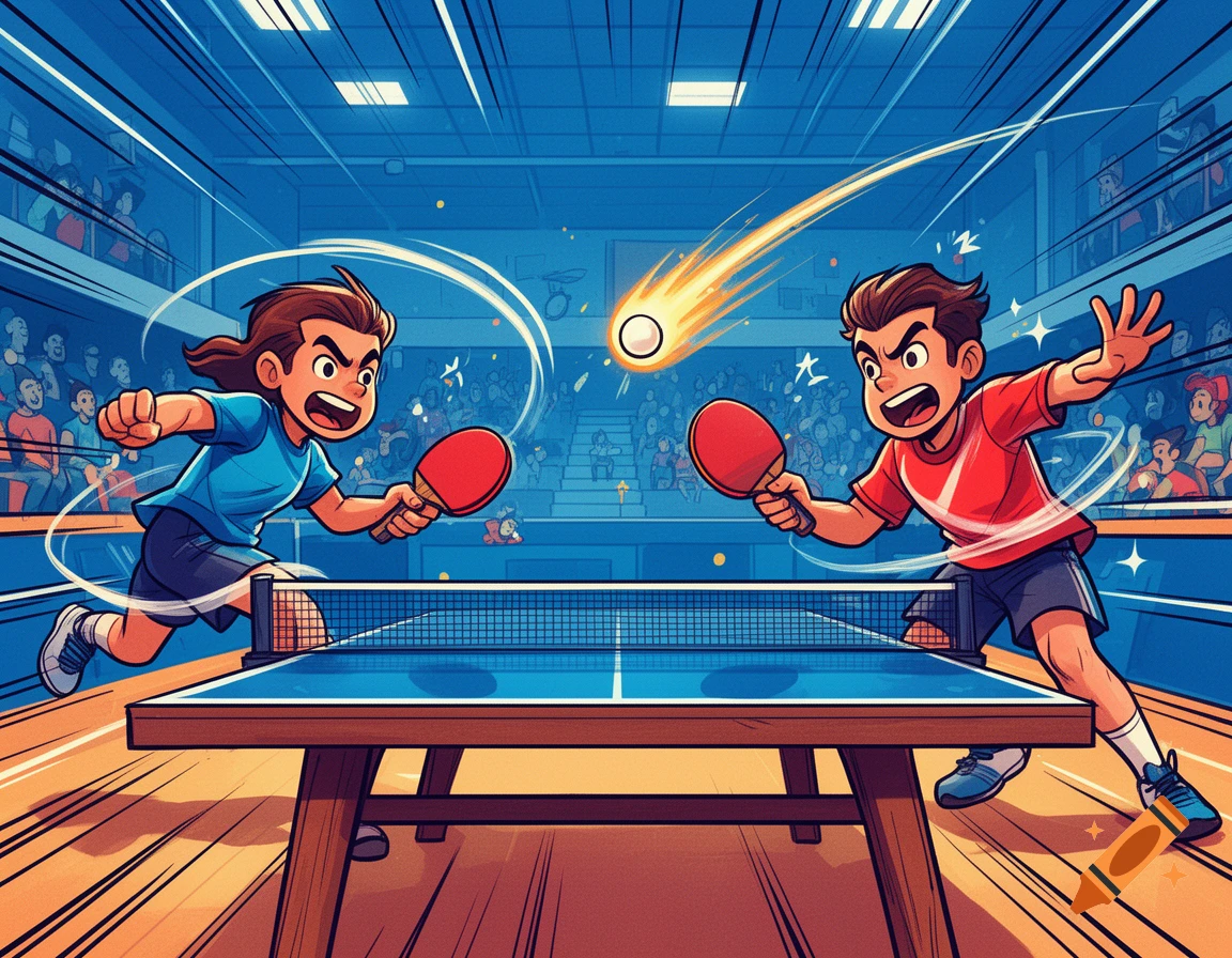 Two cartoon children playing intense table tennis in a stadium, with a fiery ball mid-air.