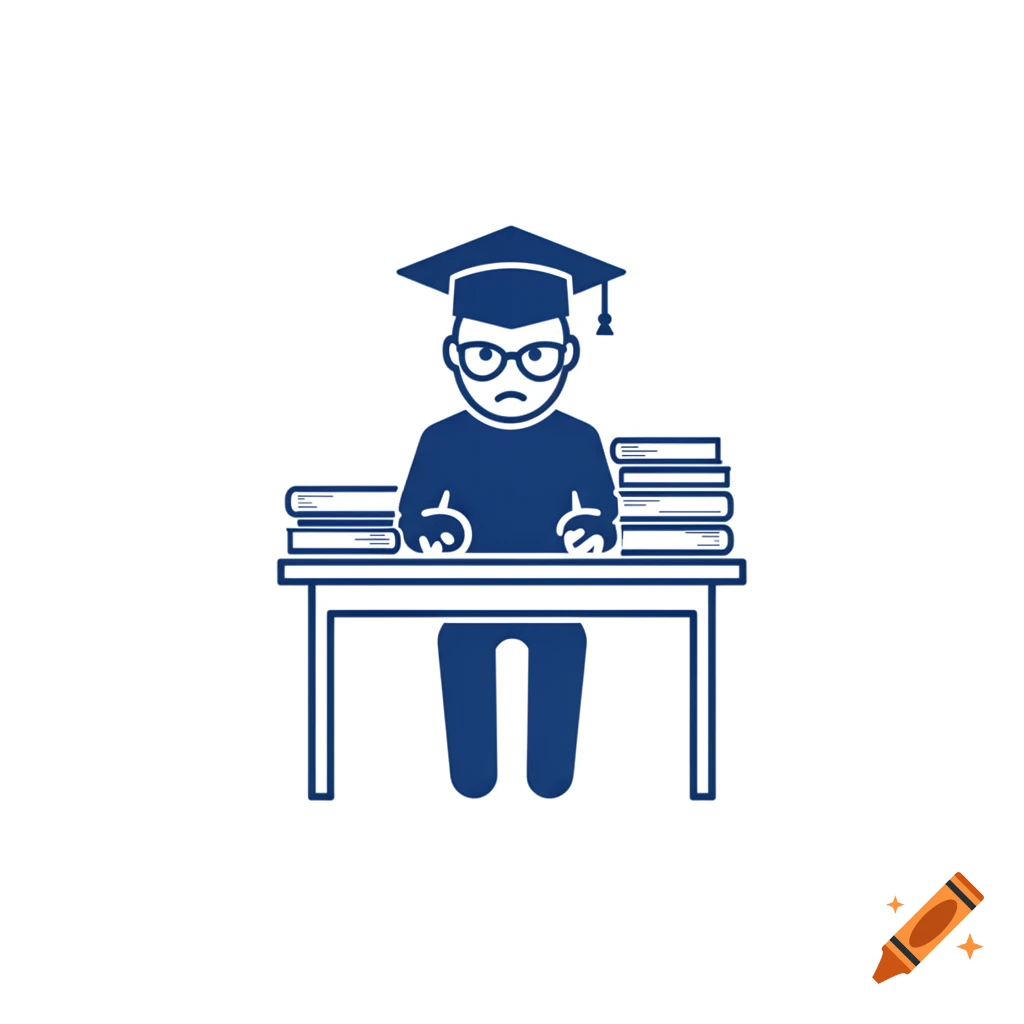 Blue pictogram of a student in a graduation cap and glasses, sitting at a desk with stacks of books.