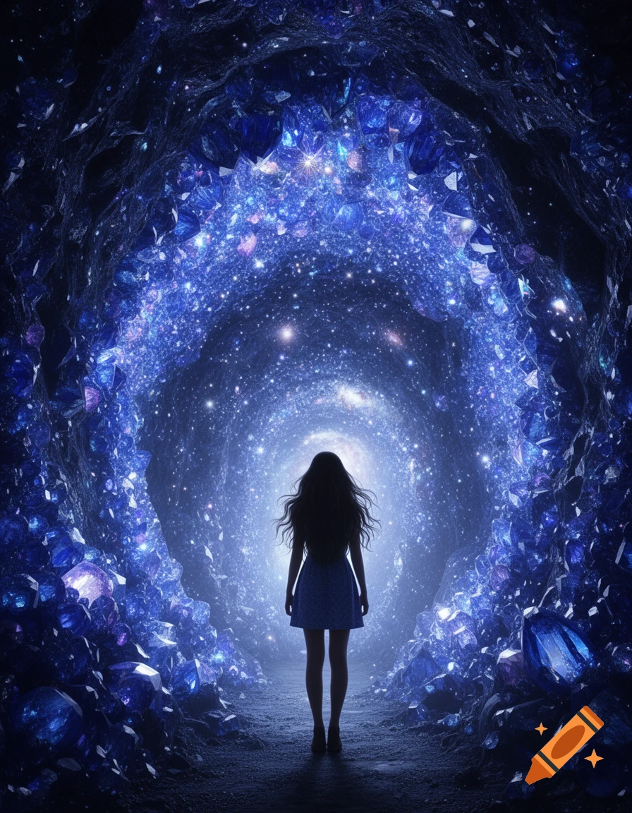 A silhouetted woman stands in a vibrant blue crystal cave that opens into a starry galaxy.