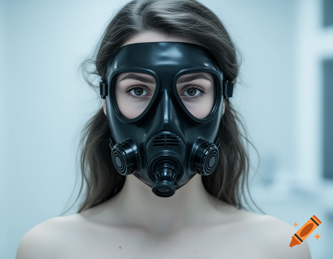 Close-up photorealistic portrait of a woman with bare shoulders wearing a black gas mask, looking forward in a sterile room.