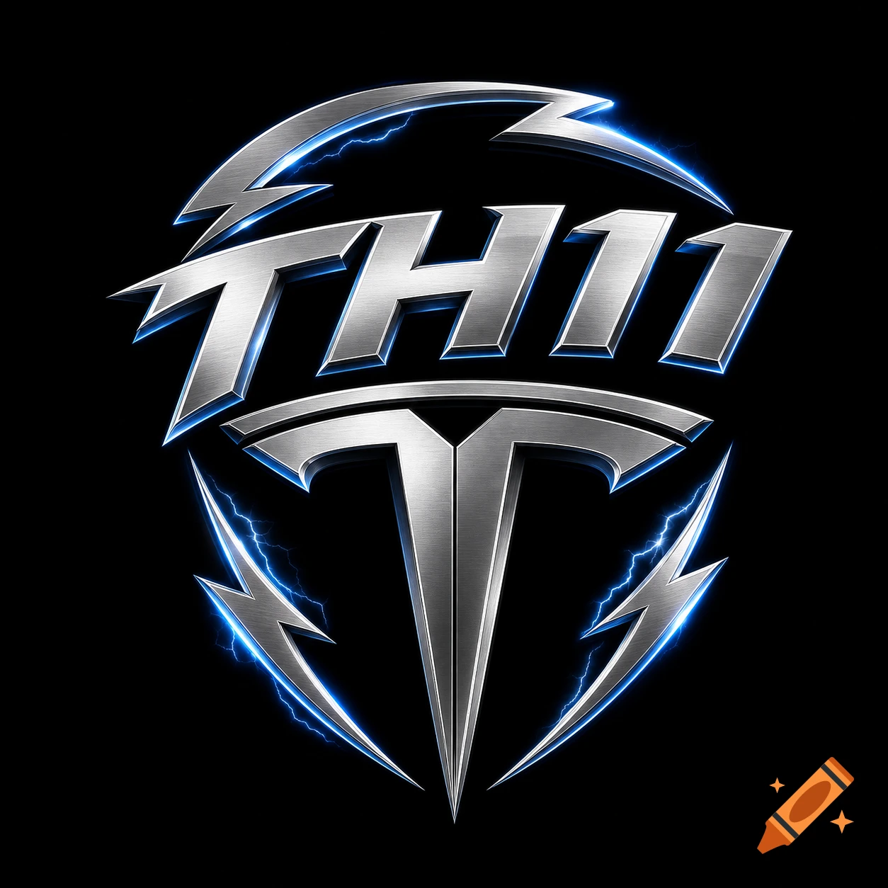 Metallic logo with 'TH11' text and a stylized 'T' symbol, surrounded by blue lightning, on a black background.