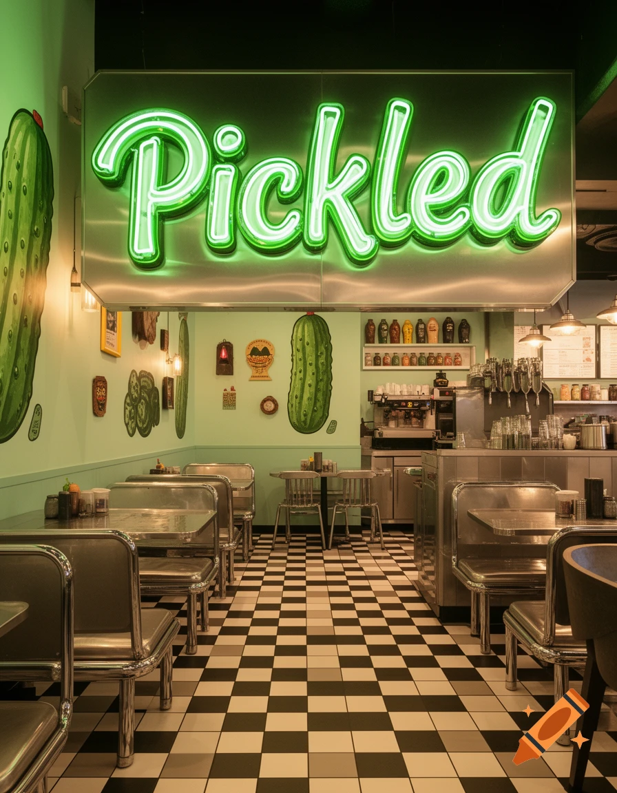 Interior of a retro-style fast food restaurant named Pickled, featuring a glowing green neon sign, pickle wall art, chrome tables, and a checkerboard floor.