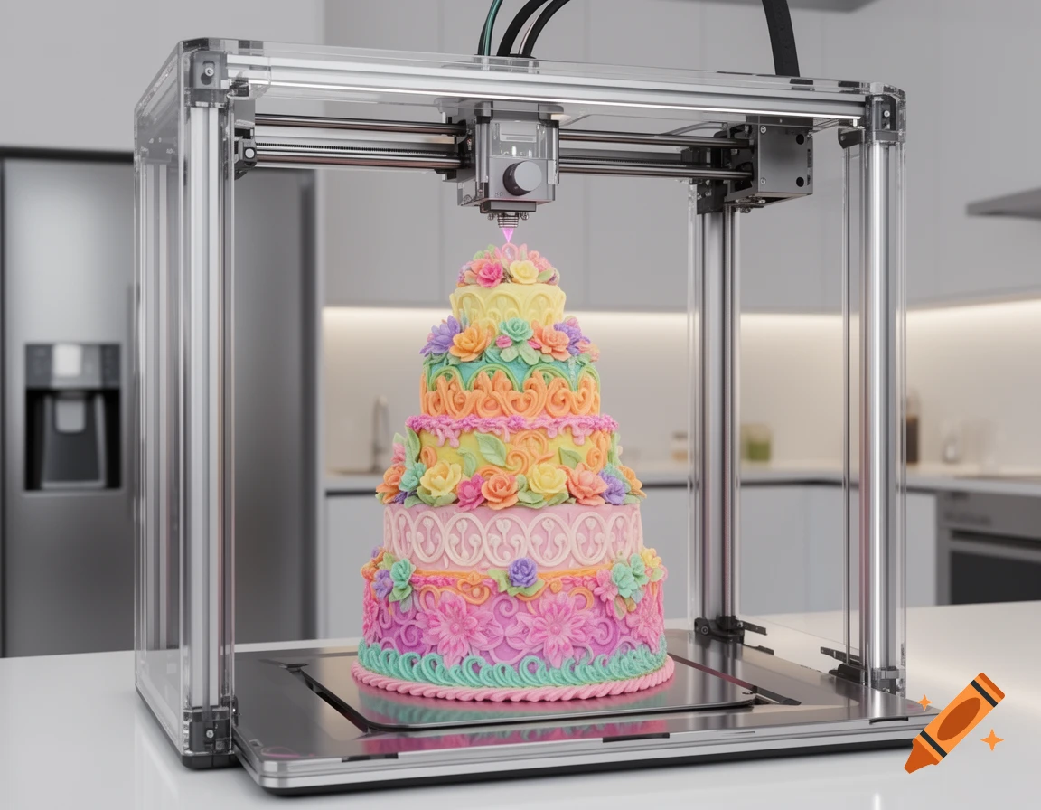 A 3D printer creating a multi-tiered, colorful cake with intricate floral frosting designs in a modern kitchen.