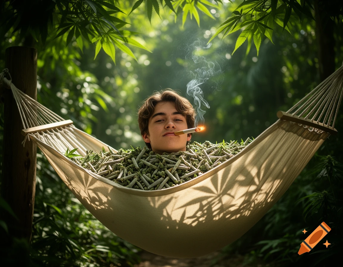 A young person relaxes in a hammock overflowing with marijuana joints and leaves, smoking a lit joint in a vibrant green jungle setting.