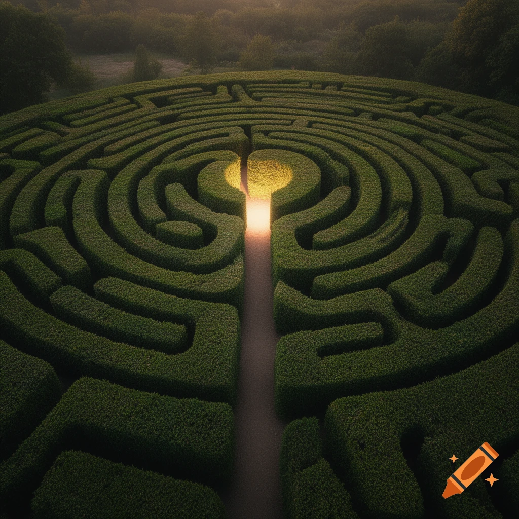 Aerial view of a circular hedge maze with a brightly glowing path leading to the center at sunset.