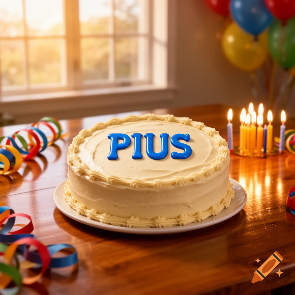 A photorealistic birthday cake with blue 'PIUS' letters, lit candles, and colorful party decorations on a wooden table.