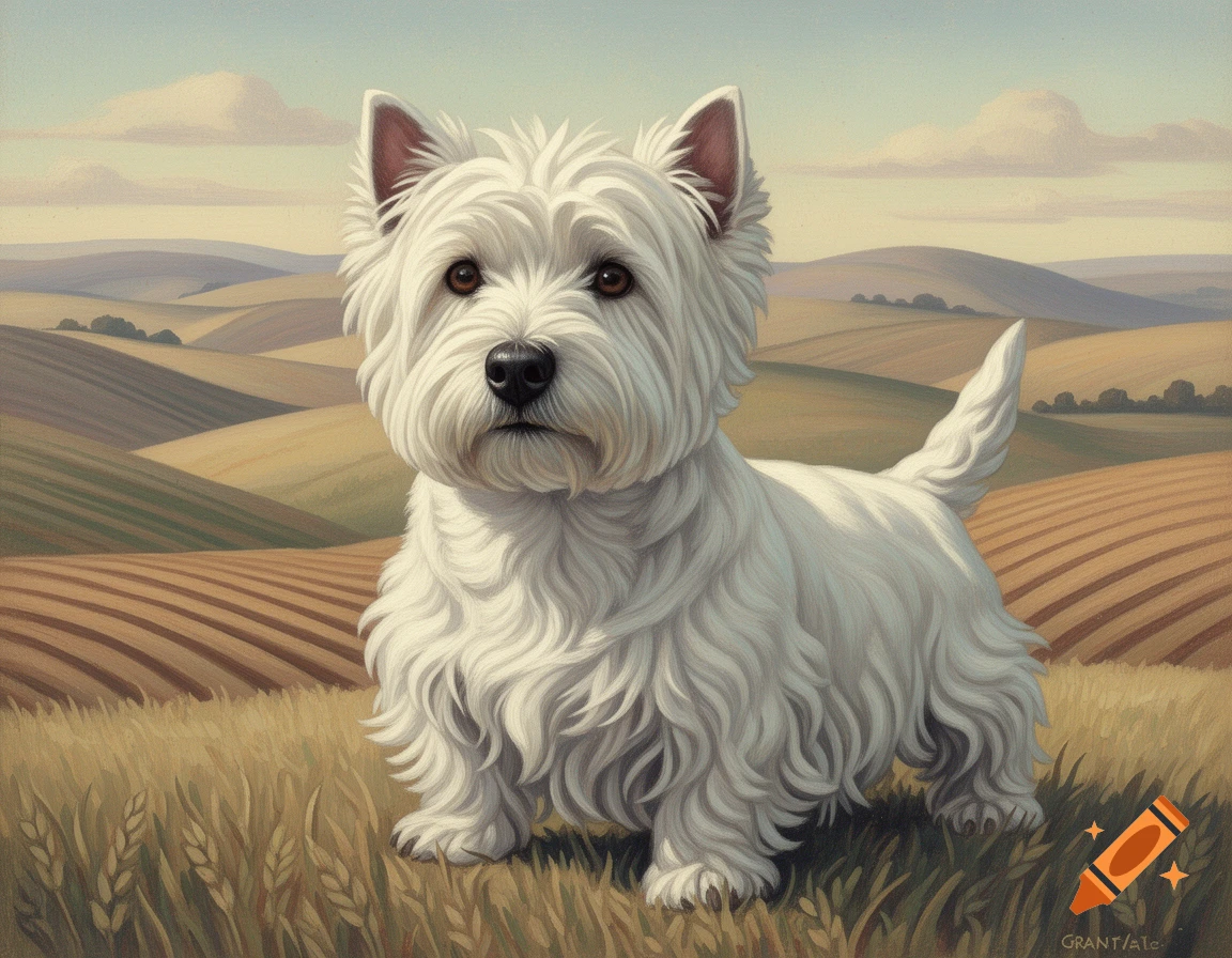 A white West Highland White Terrier stands in a field with rolling hills under a cloudy sky, painted in the style of Grant Wood.