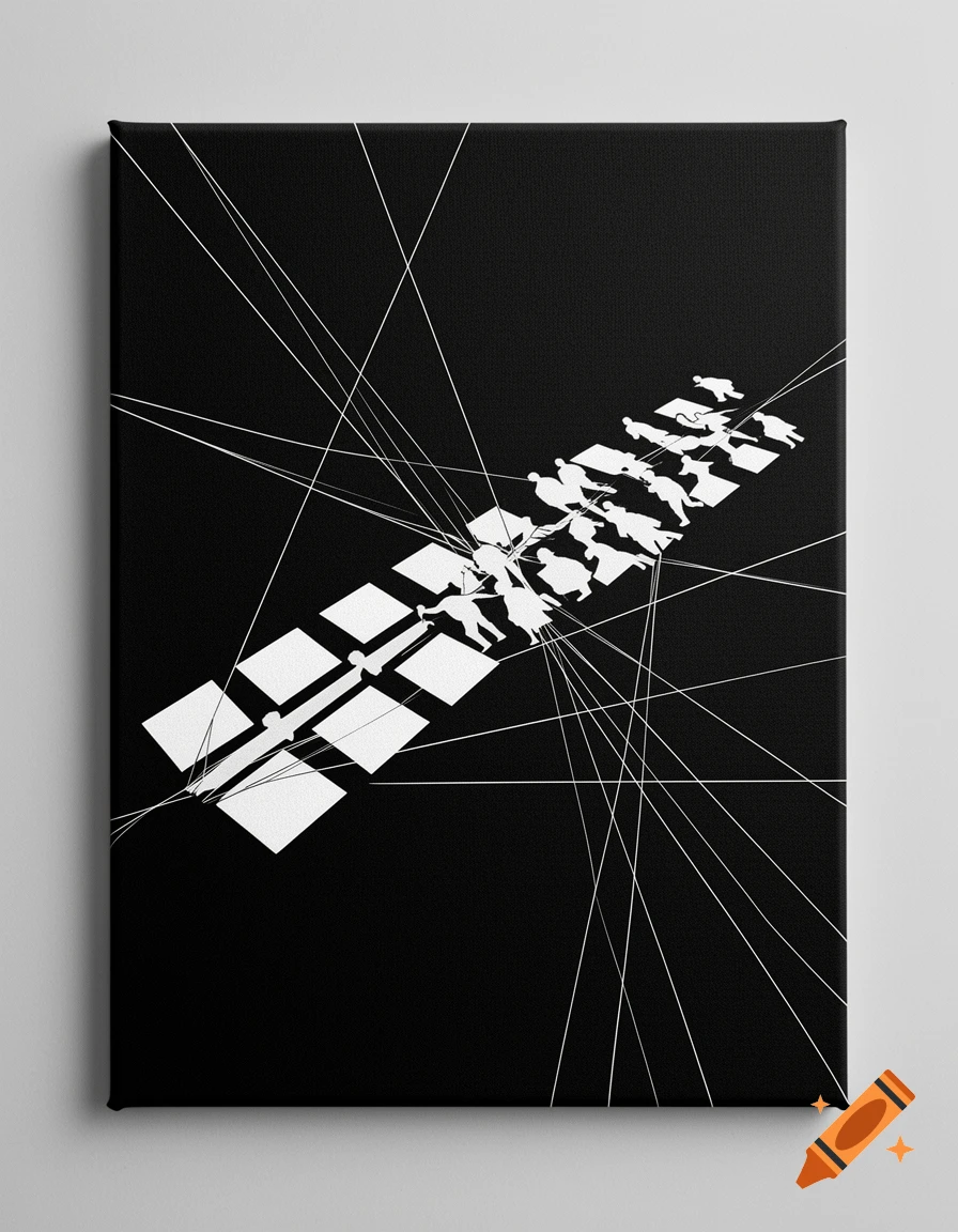 Minimalist black and white abstract art showing stylized figures on a segmented path with radiating lines on a black canvas.