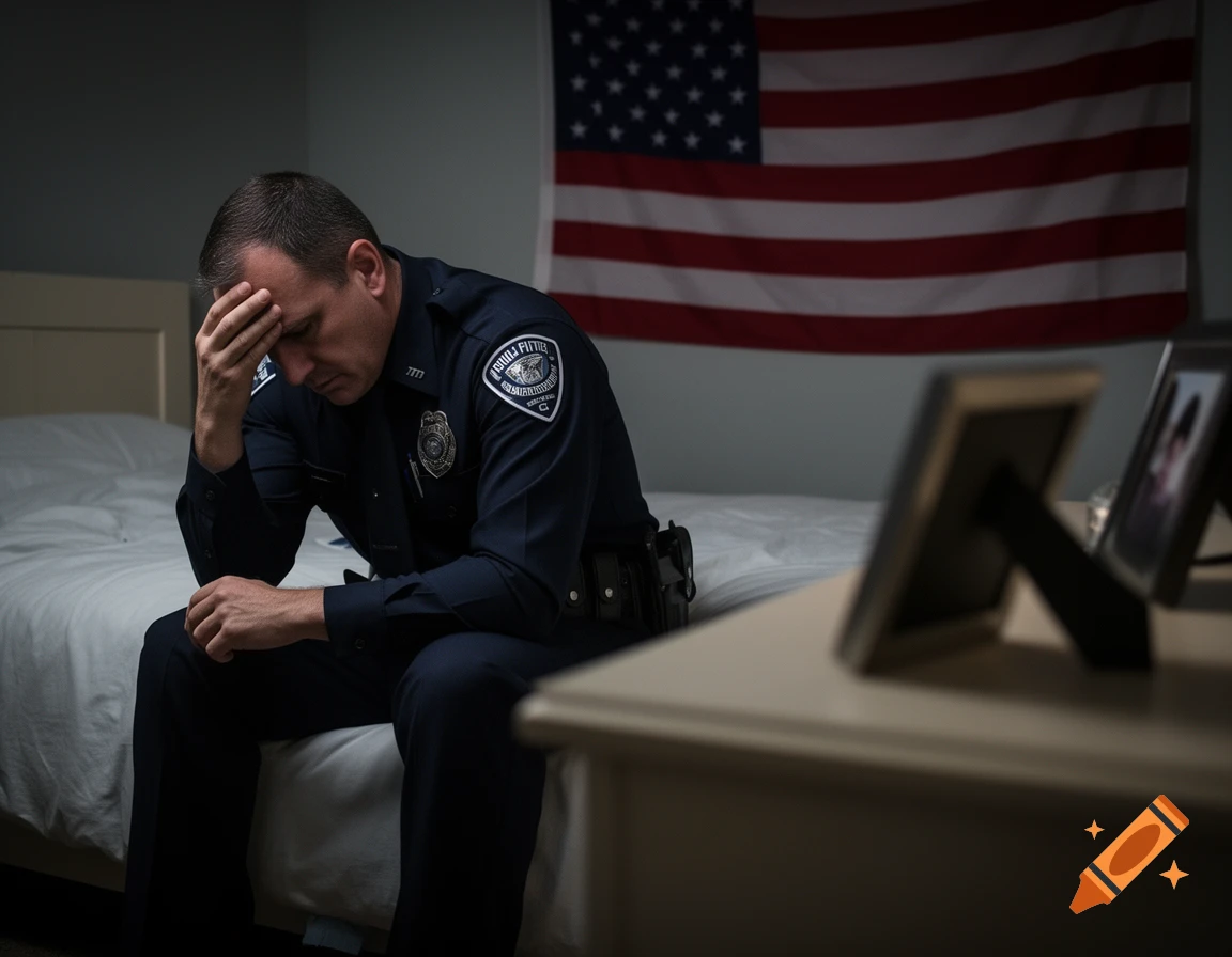 A distressed police officer in uniform sits on a bed with his head in his hand, an American flag hangs on the wall behind him. Photorealistic.