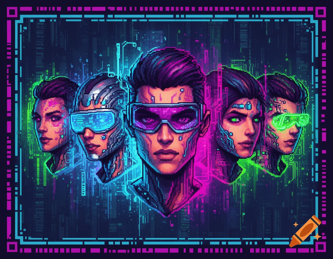 Pixel art of five cyberpunk faces with glowing neon details and a digital border.
