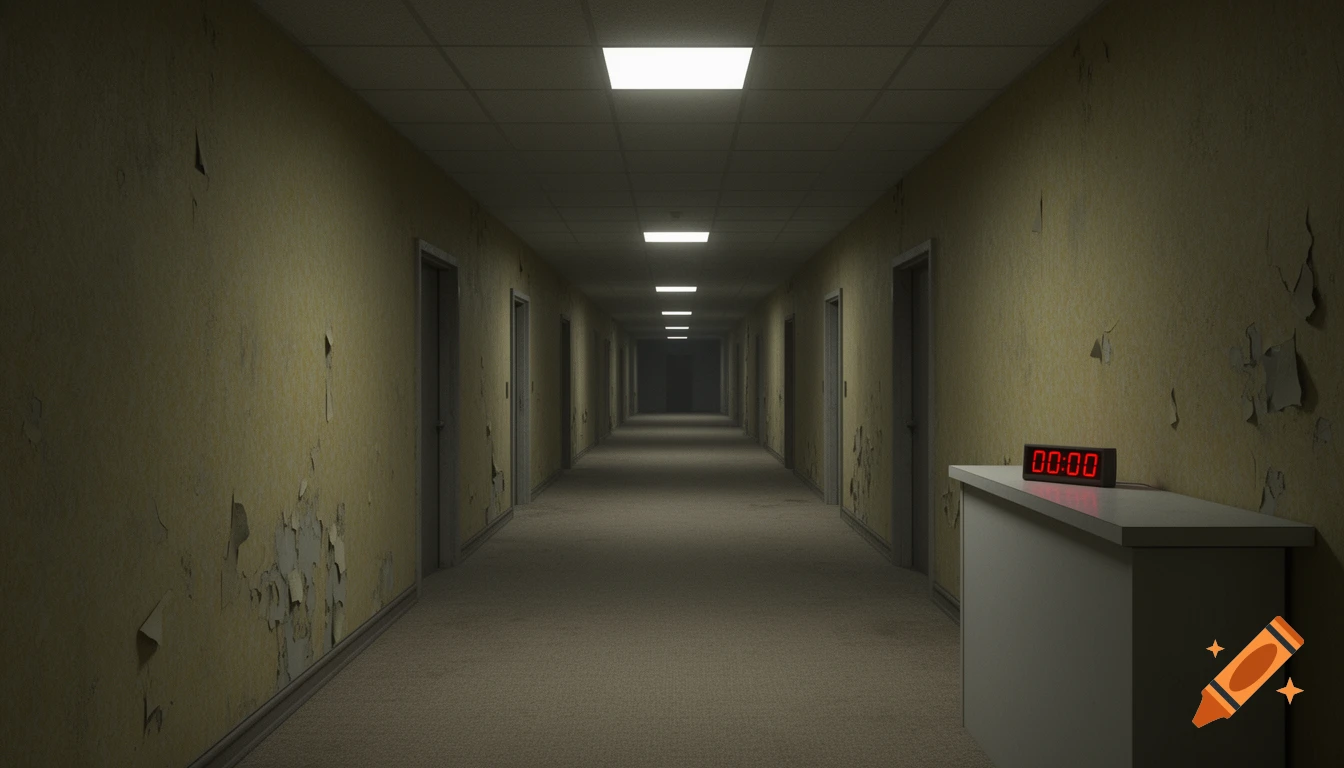 A photorealistic image of a long, eerie hallway with peeling yellow wallpaper, many doors, and a digital clock showing 00:00.