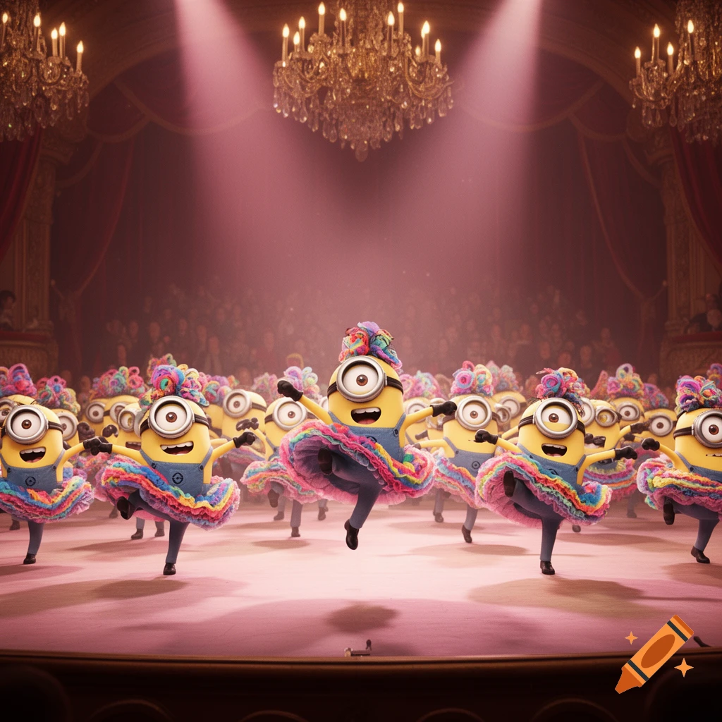 Animated Minions in colorful can-can costumes dance on a grand theater stage with chandeliers and an audience.