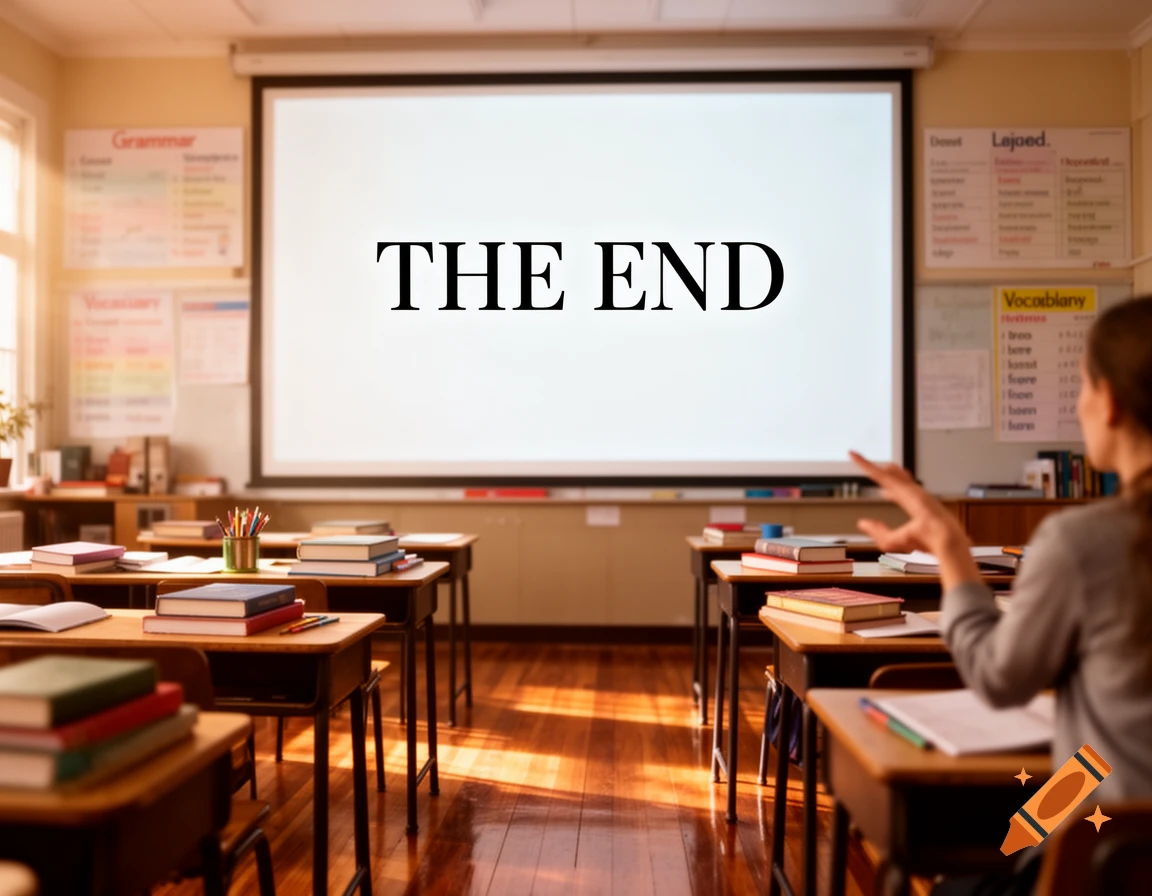 A classroom with wooden desks and books, a teacher gestures at the right, and 'THE END' is projected on a large screen at the front.