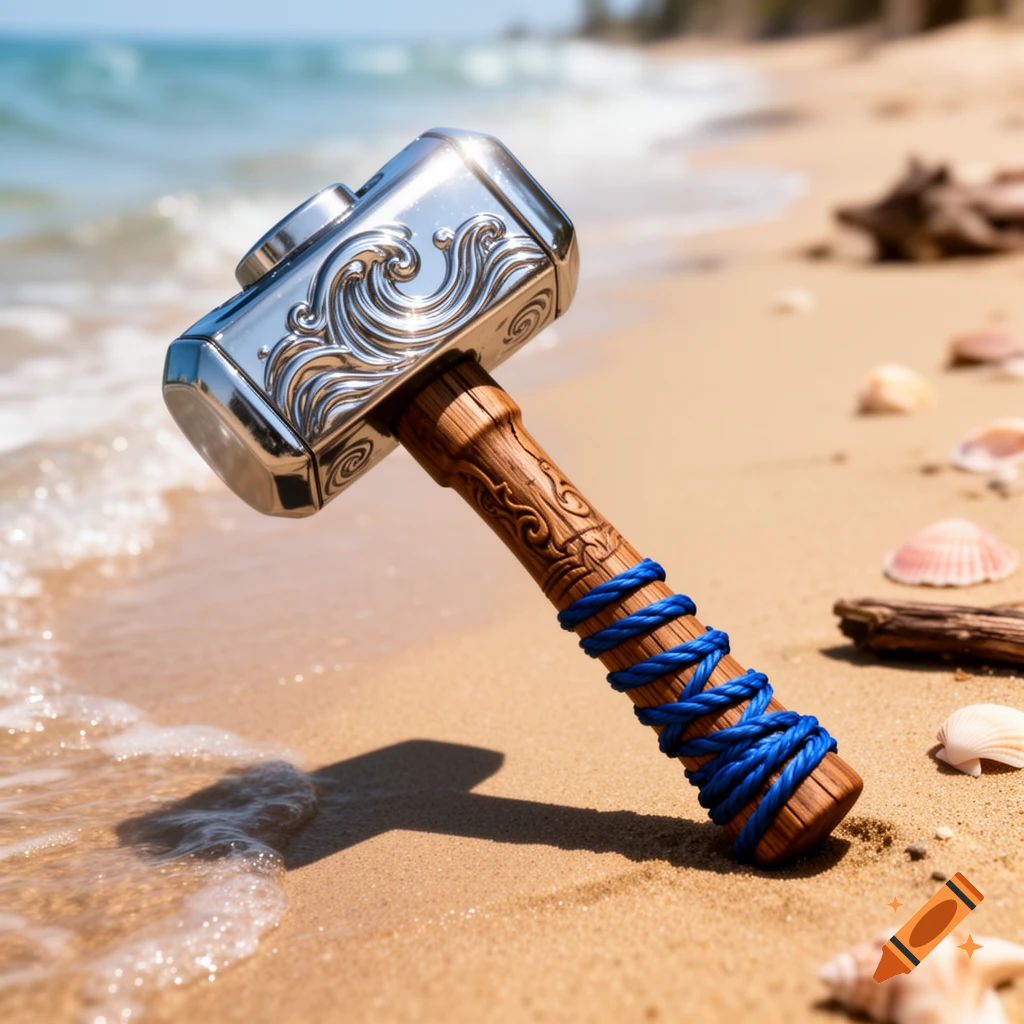 A silver hammer with a wooden handle wrapped in blue rope stands upright on a sandy beach with ocean waves.