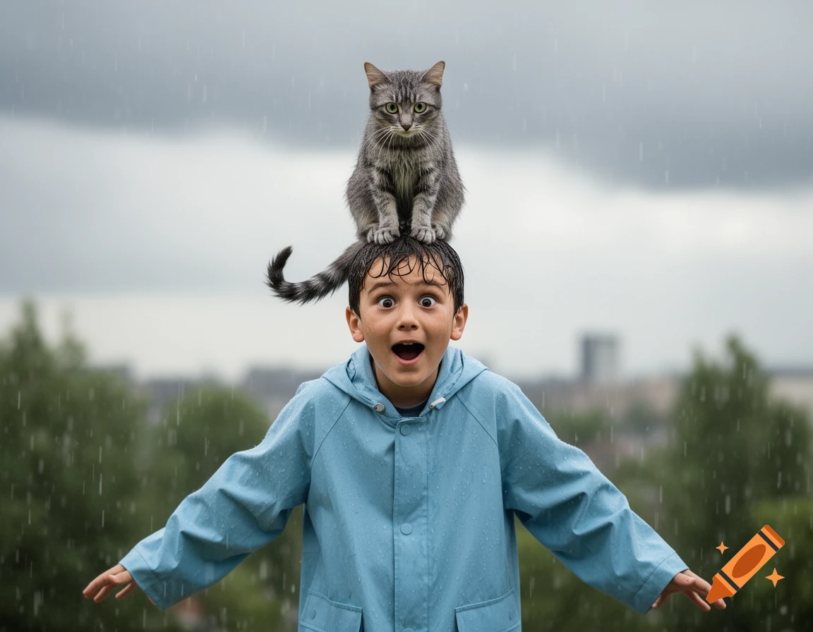 A surprised boy in a blue raincoat stands in the rain with a grey cat perched on his head.