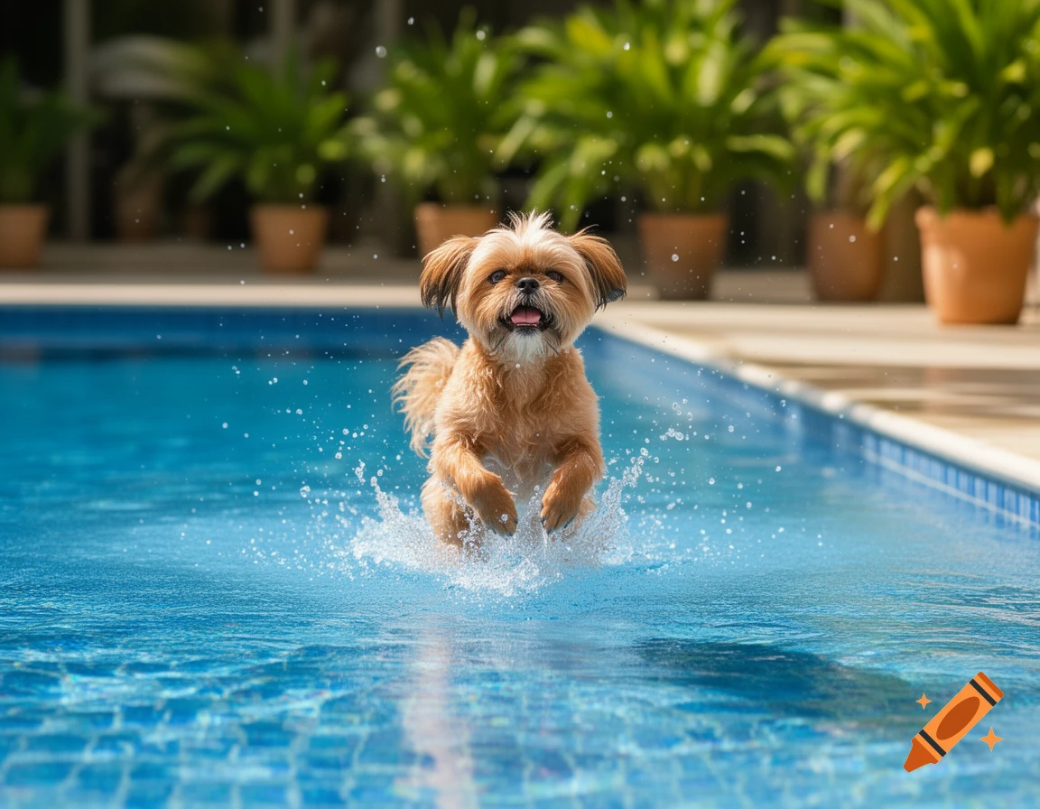 A brown Shih Tzu dog with a white muzzle splashes happily as it runs through the blue water of a swimming pool.