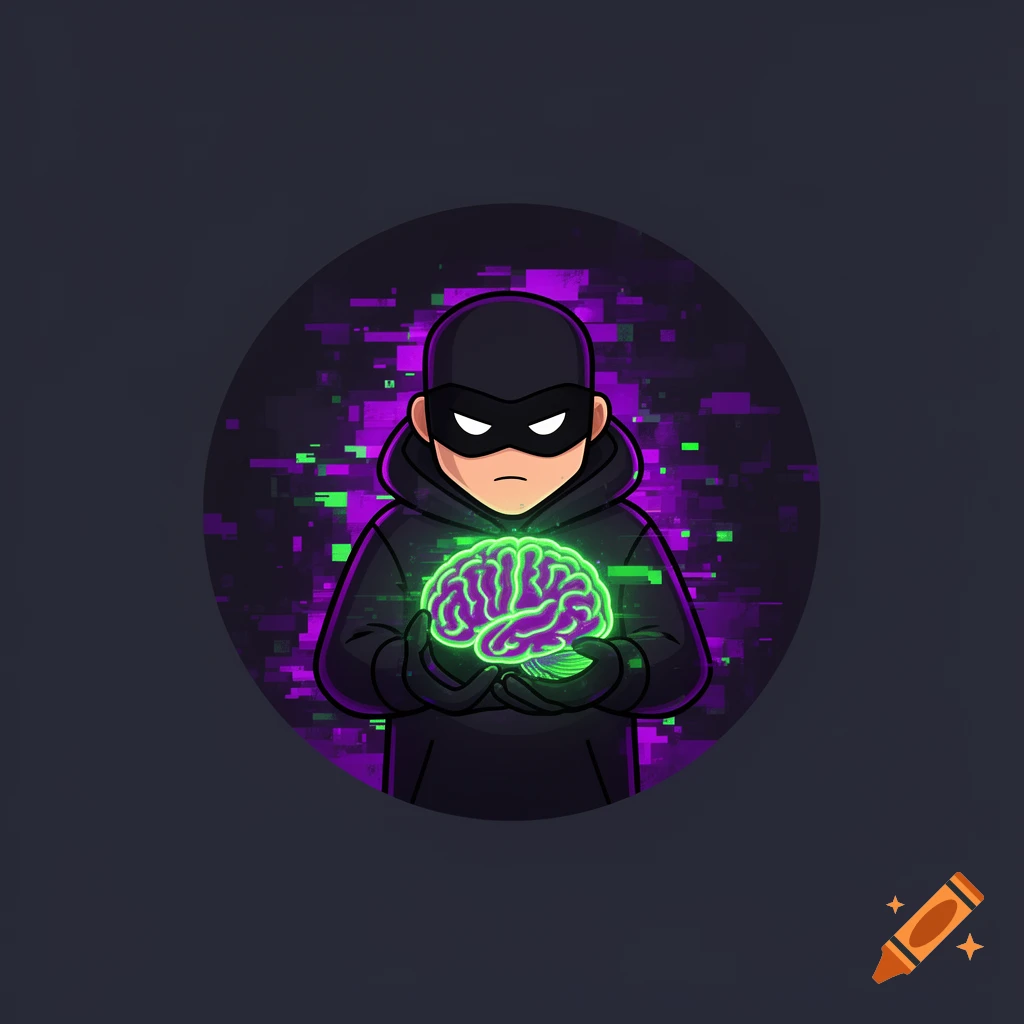 A cartoon thief in a black mask holds a glowing neon green brain, set against a glitchy purple and green cyberpunk background.