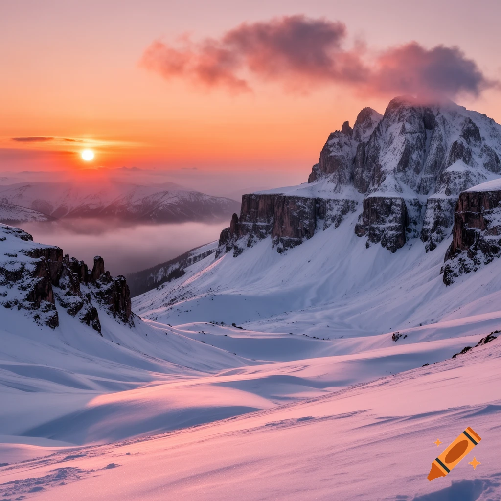 Photorealistic snowy mountain landscape at sunset with vibrant orange and pink skies and prominent peaks.