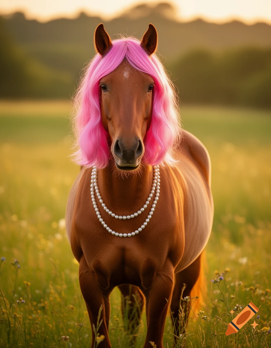 A brown horse wearing a bright pink shoulder-length wig and a double string of white pearls stands in a sunny, grassy field.
