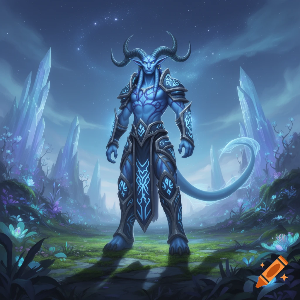 A blue-skinned Draenei male in ornate armor stands in a glowing fantasy landscape with crystals and starry sky.