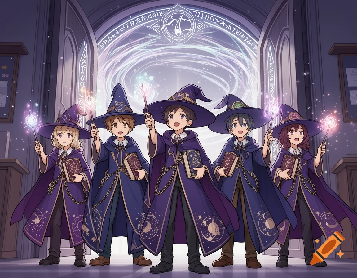 Five anime-style young wizards in purple robes and hats, holding wands and spellbooks, stand in a magical school archway.