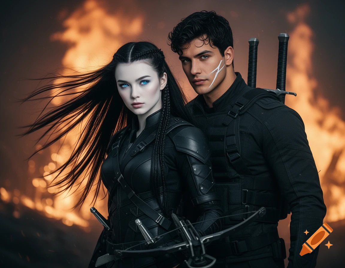 Photorealistic fantasy portrait of a warrior couple in black combat gear with weapons, standing before a blurred, raging fire background.