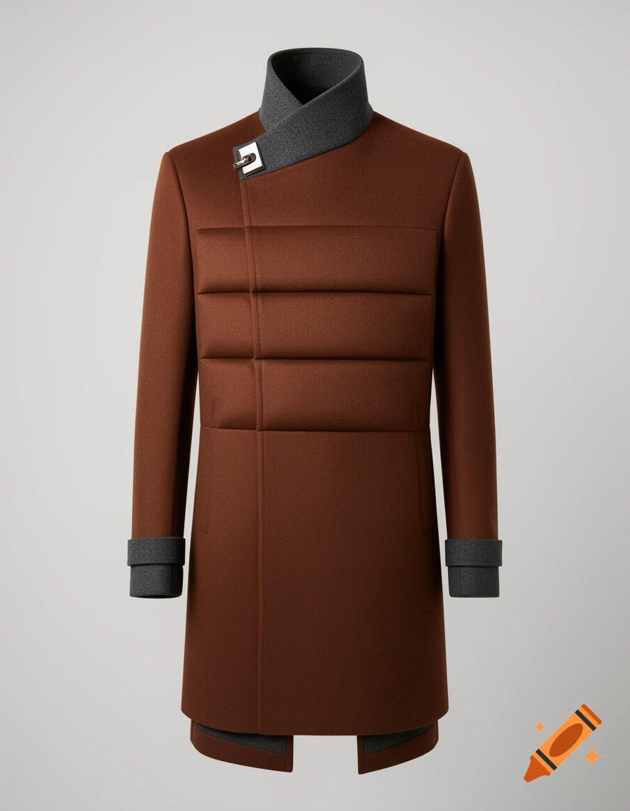 Photorealistic chestnut brown wool overcoat with charcoal grey collar and cuffs, quilted chest bands, and a gunmetal clasp.