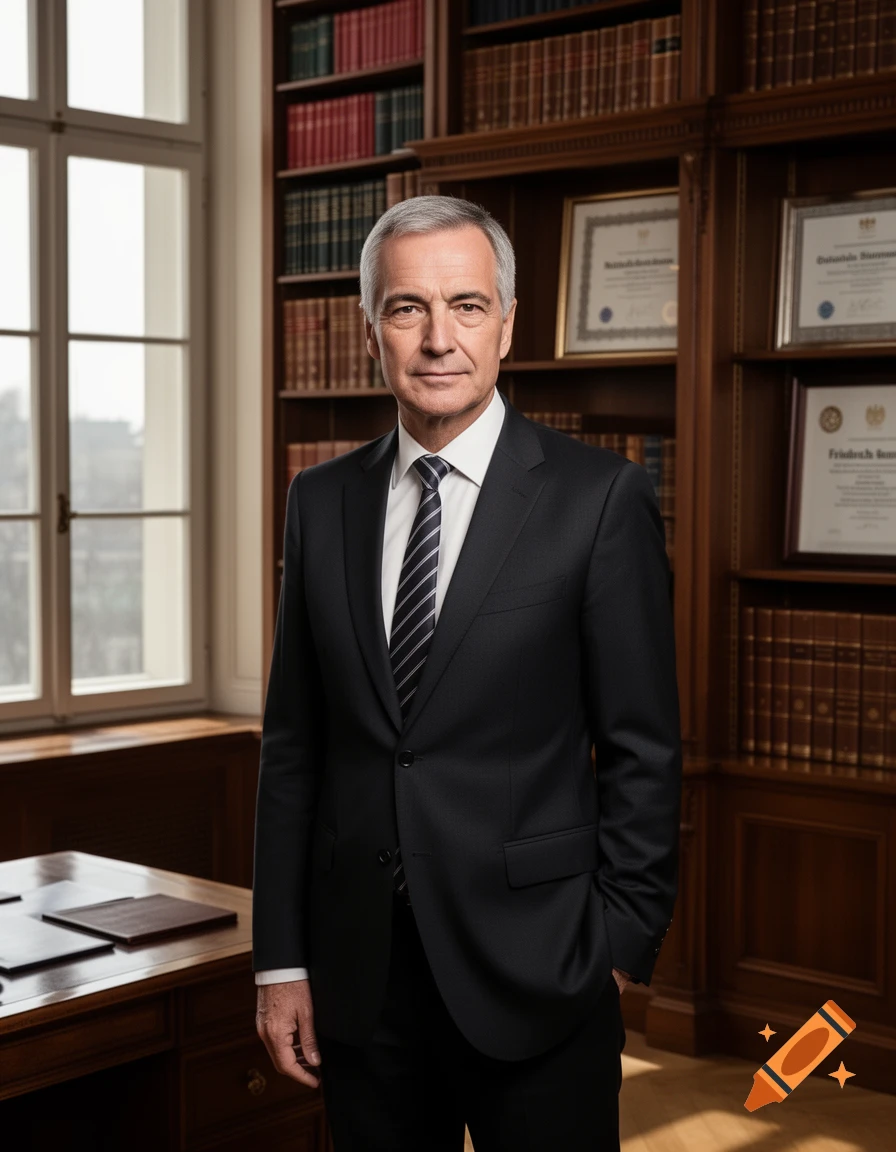 Photorealistic portrait of a middle-aged man in a suit and tie, standing in a sophisticated office or library with bookshelves and a window.