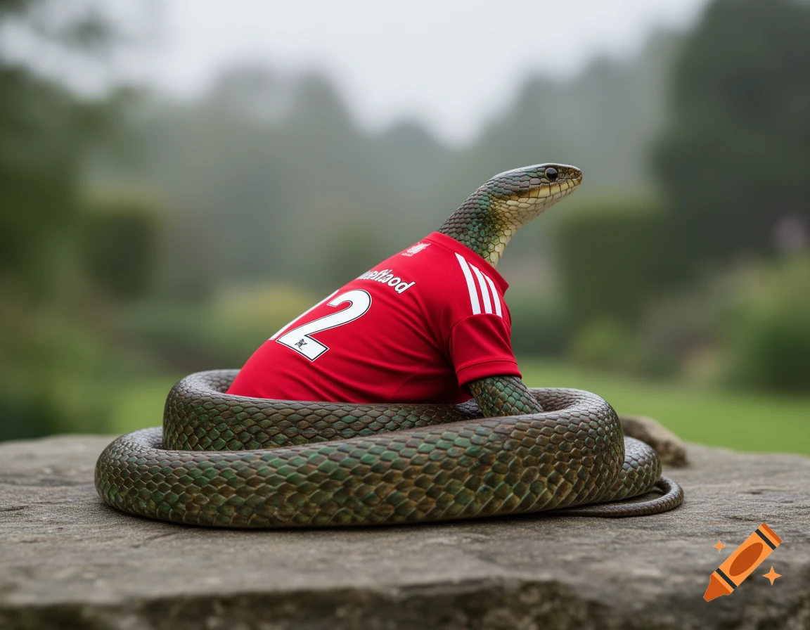 A green and brown snake coiled on a rock, wearing a red football jersey with the number '12' on the back, in a foggy outdoor setting.