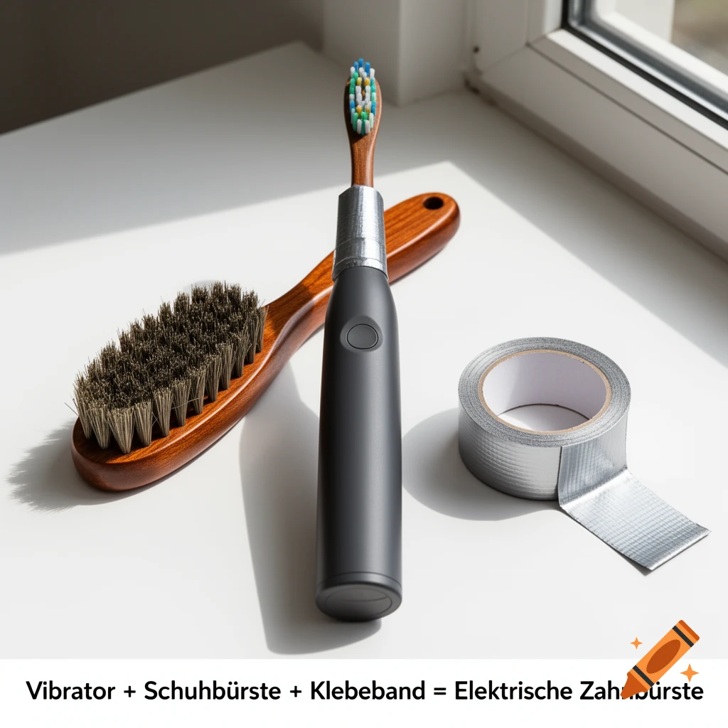 A black electric toothbrush, a wooden shoe brush, and duct tape on a white surface. German text suggests combining them.