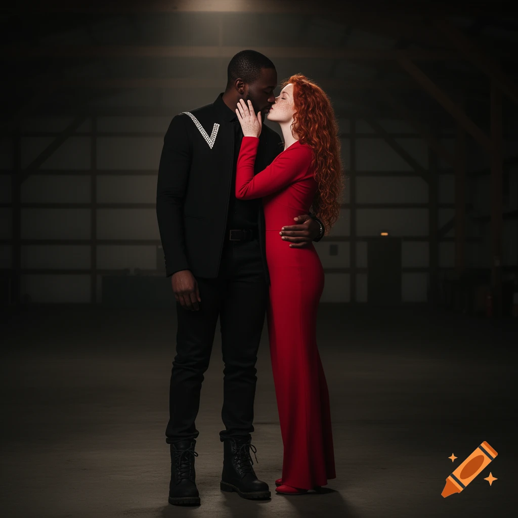 A diverse couple, a man in a black suit and a woman in a red dress, embrace and kiss in a dark hangar in a photorealistic style.