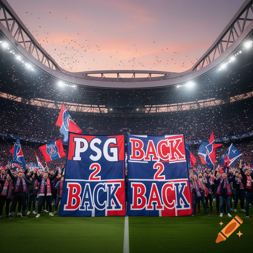 Fans celebrate in a stadium, holding two large banners that read 'PSG BACK 2 BACK' under a sunset sky with confetti.