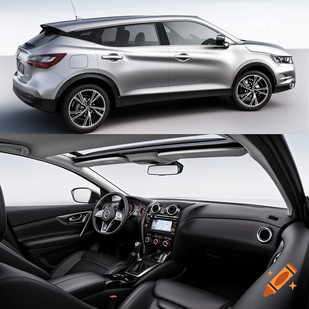 Photorealistic image of a silver Nissan Qashqai I SUV, showing its exterior side profile and its black leather interior.