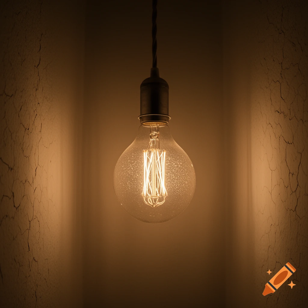 A glowing Edison-style light bulb hangs against a dark, textured wall, casting a warm light.