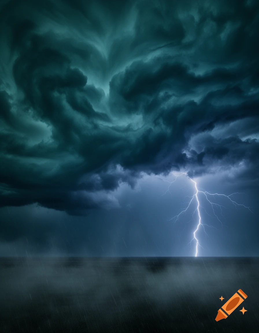 Dramatic stormy sky with swirling teal and blue clouds, a bright lightning bolt striking down towards a dark, rainy horizon.