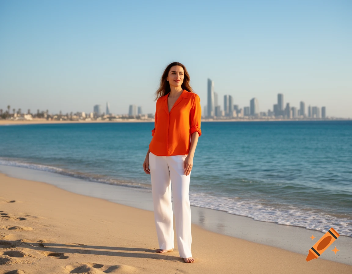 A woman in an orange shirt and white pants stands barefoot on a sandy beach by the ocean, with a distant city skyline under a clear sky.