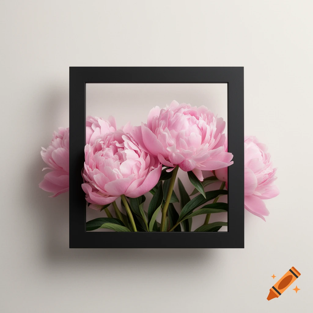 Photorealistic image of pink peonies peeking from behind a black square frame on a light background.