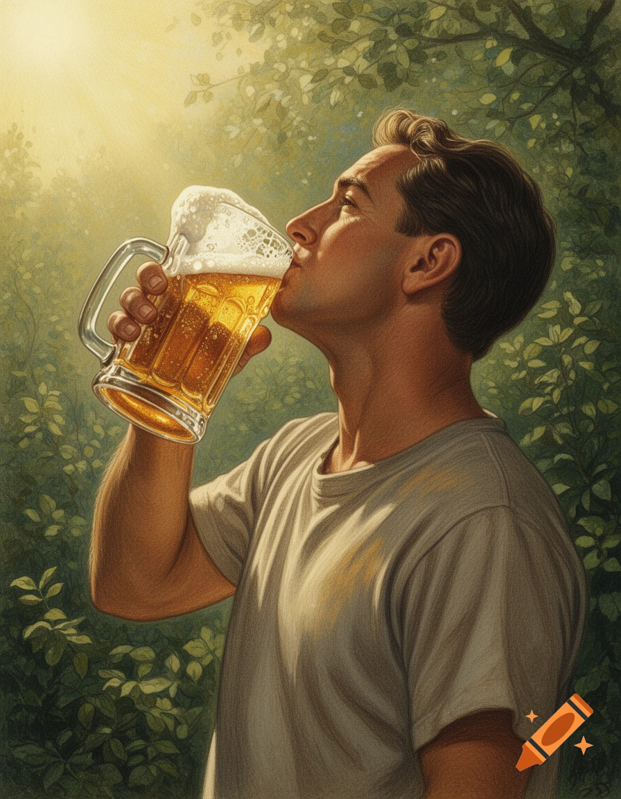A man in a light shirt drinks a frothy mug of beer outdoors in a sunlit, leafy setting, rendered in a realistic illustration style.