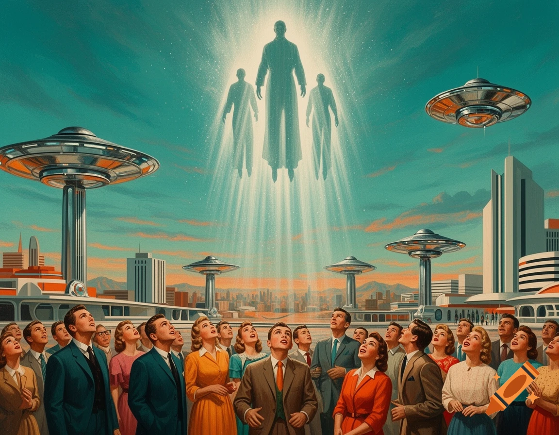A 1950s retro sci-fi illustration of people in a city looking up in awe at glowing figures ascending into the sky with flying saucers.