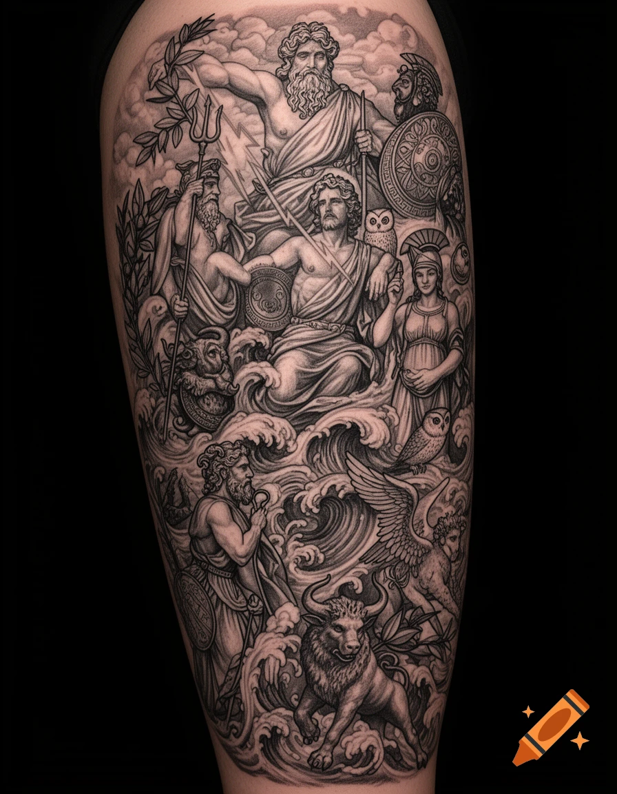 Detailed black and gray tattoo sleeve featuring Greek gods like Zeus and Poseidon, mythical creatures, and waves.