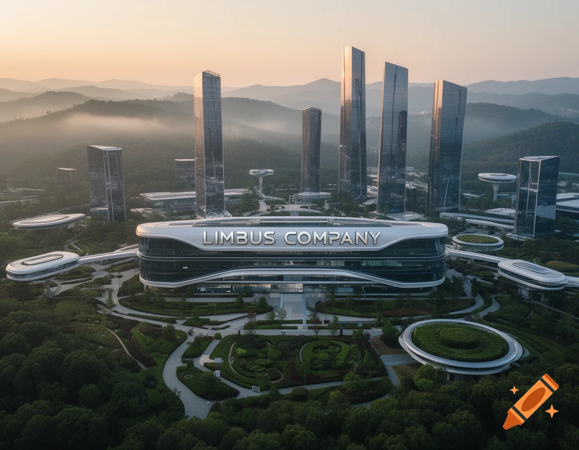 Aerial view of a futuristic Limbus Company campus with sleek skyscrapers, modern buildings, and lush gardens amidst misty mountains.